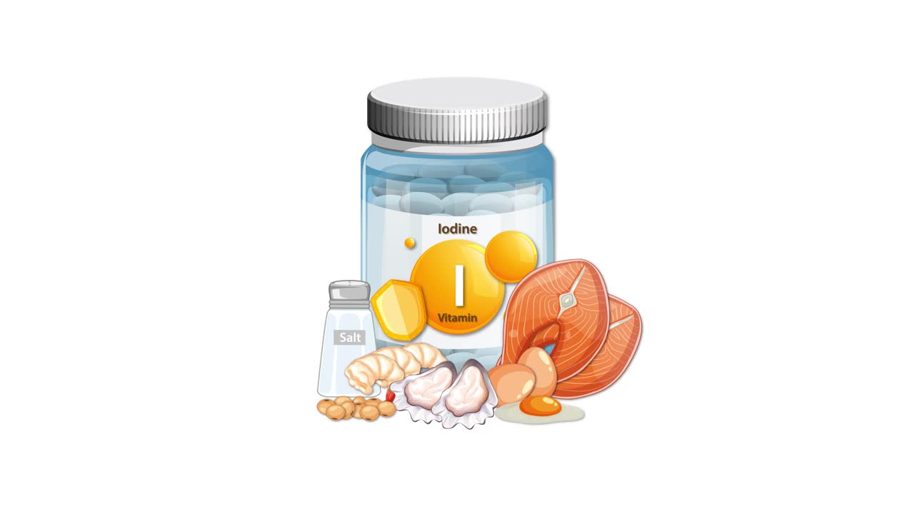 Iodine supplement bottle with salt, eggs, seafood, and nuts appears, arranged on white background