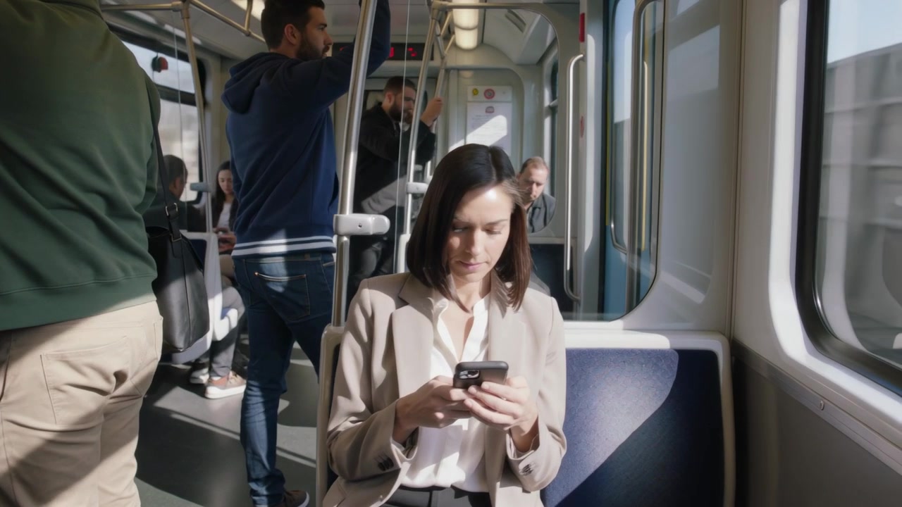 Reading commuter in beige blazer tapping smartphone on right-side window seat during commute