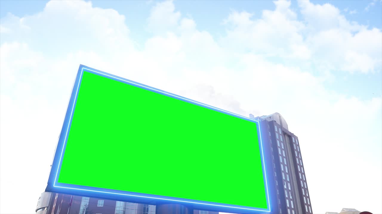 도시, 도시 생활에 대한 녹색 스크린 광고판, 빈 광고 패널, 마케팅을 위한 배너, 크로마 키 빈 표지판.