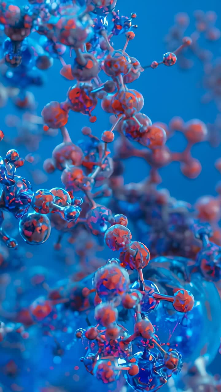 Vertical video: Pushing camera into molecular network in blue virtual space showing rods for detail