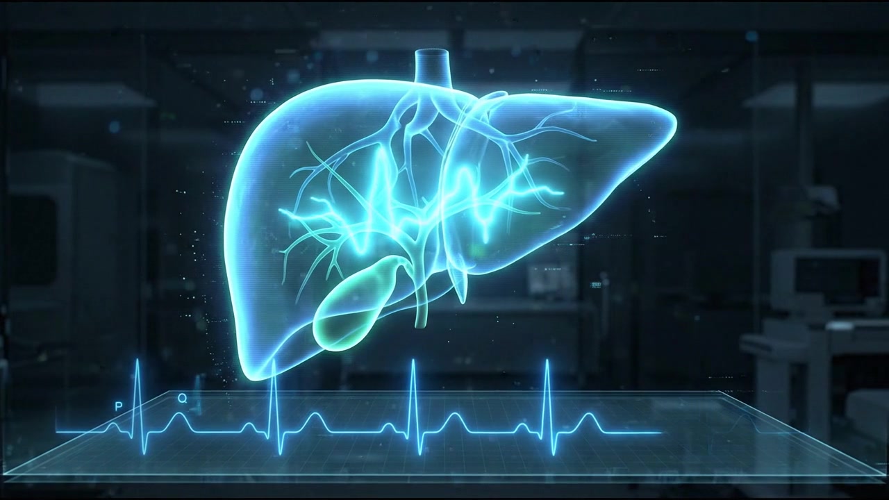 Anatomical glowing liver hologram connected to a medical waveform display