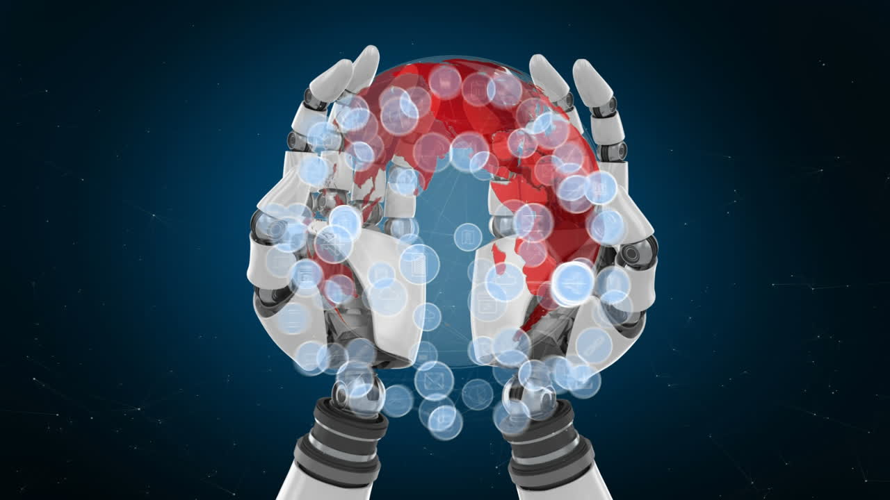 manos robóticas e iconos digitales en un globo