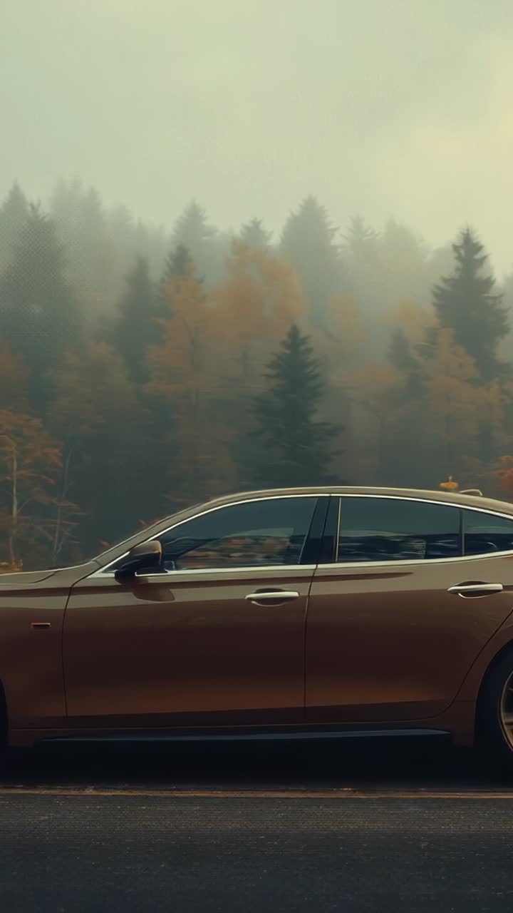 Vertical video: Entering frame metallic brown sedan traveling along misty forest road, then exiting