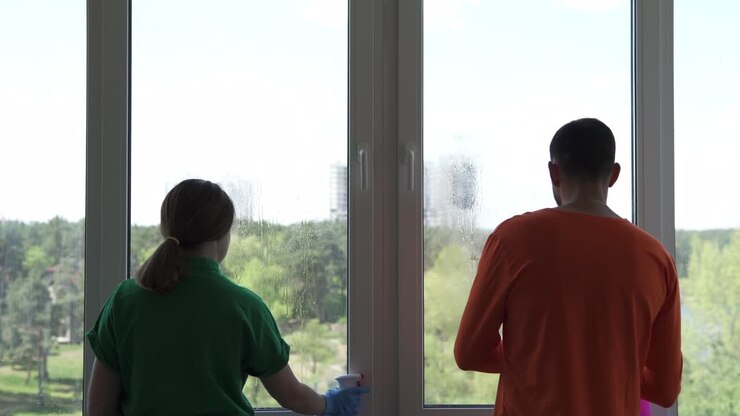 Cleaning company workers clean the windows in the office using detergent and window cleaning cloth. Washing windows with a spray bottle.