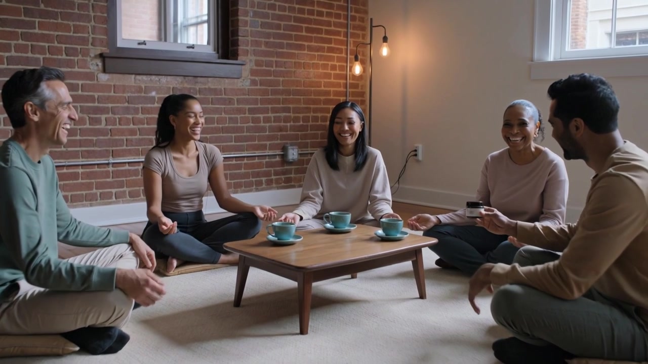 Cinque adulti si passano una tazza verde acqua dopo la meditazione in un loft, sorridendo e chiacchierando.