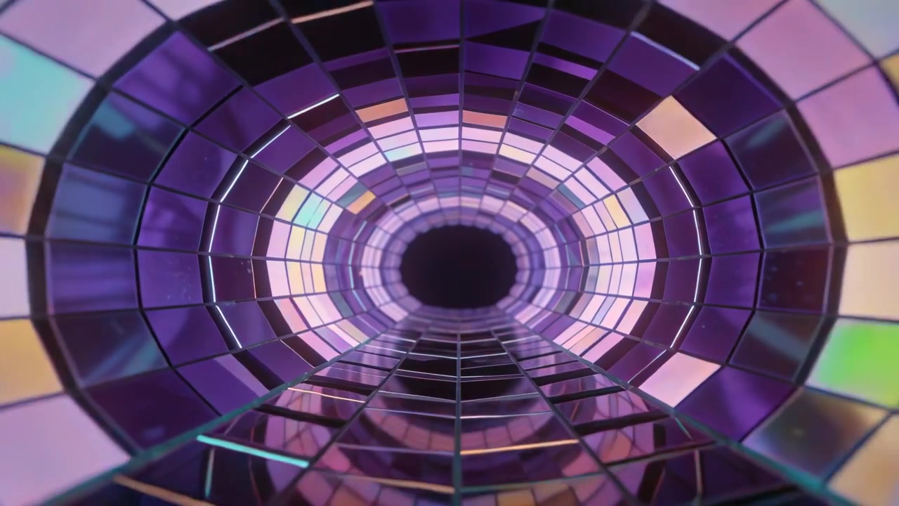 Telecamera in movimento che avvicina un tunnel illuminato ad anelli e un pavimento a specchio verso un vuoto scuro con bordi al neon.