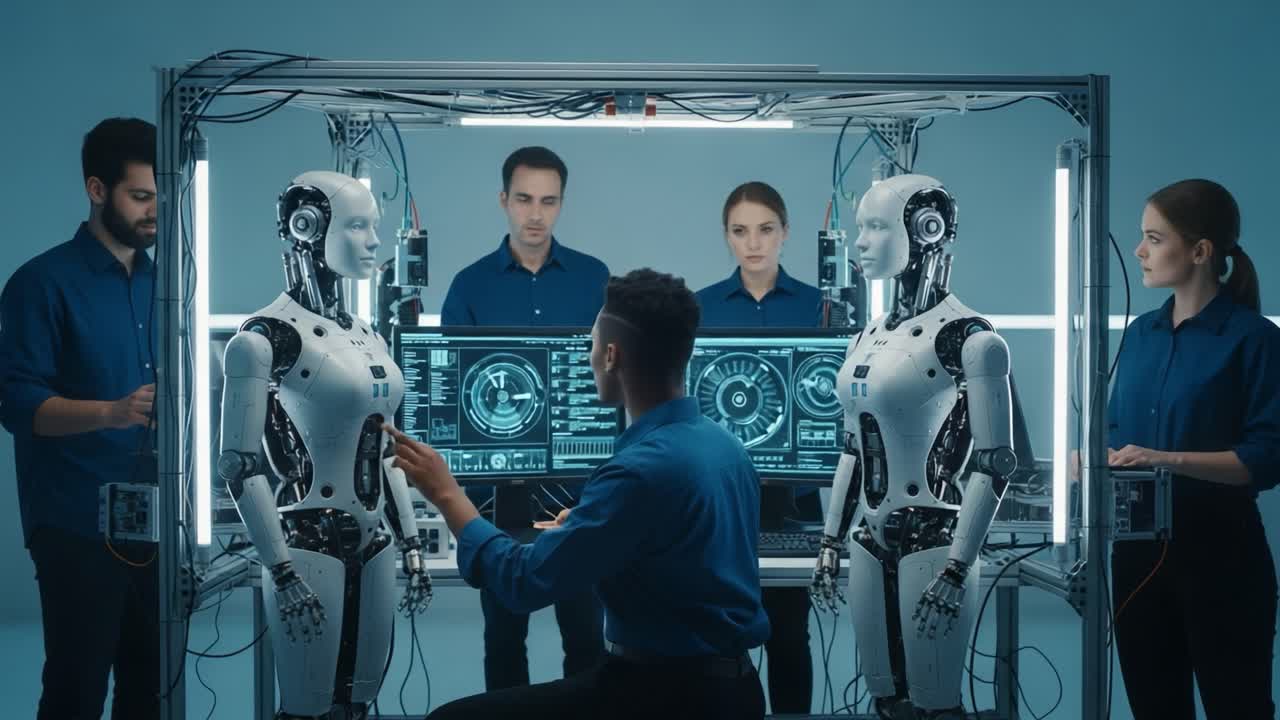 Engaging with Advanced Robotics: A Team Collaborates to Interact with Cutting-Edge Androids in a High-Tech Research Environment, Showcasing Human-Machine Interaction Dynamics