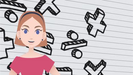 animación de una mujer hablando sobre símbolos matemáticos