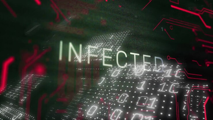 Animation of infected text over scanner and processing data on black interface screen