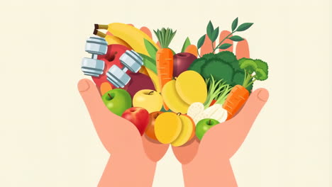 hands holding a variety of healthy food and fitness items