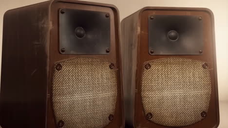 close-up of two vintage wooden audio speakers