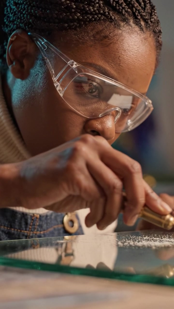 A focused artist meticulously carving intricate designs on glass in a beautifully lit workspace, showcasing craftsmanship and dedication to the art form.