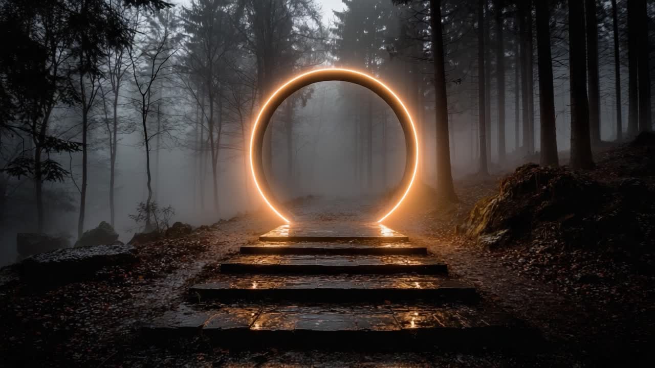 A Serene Gateway Illuminating the Misty Forest: Enigmatic Circular Portal Surrounded by Dense Fog and Twinkling Lights, Symbolizing Transition into the Unknown