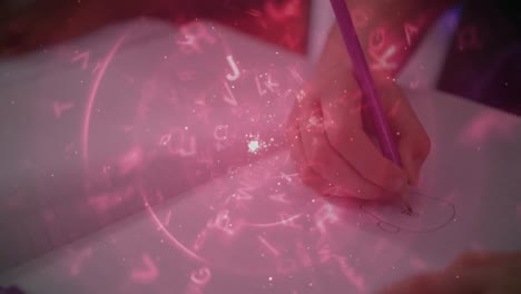 animación de cartas y datos diversos sobre las manos de niños caucásicos escribiendo en la escuela