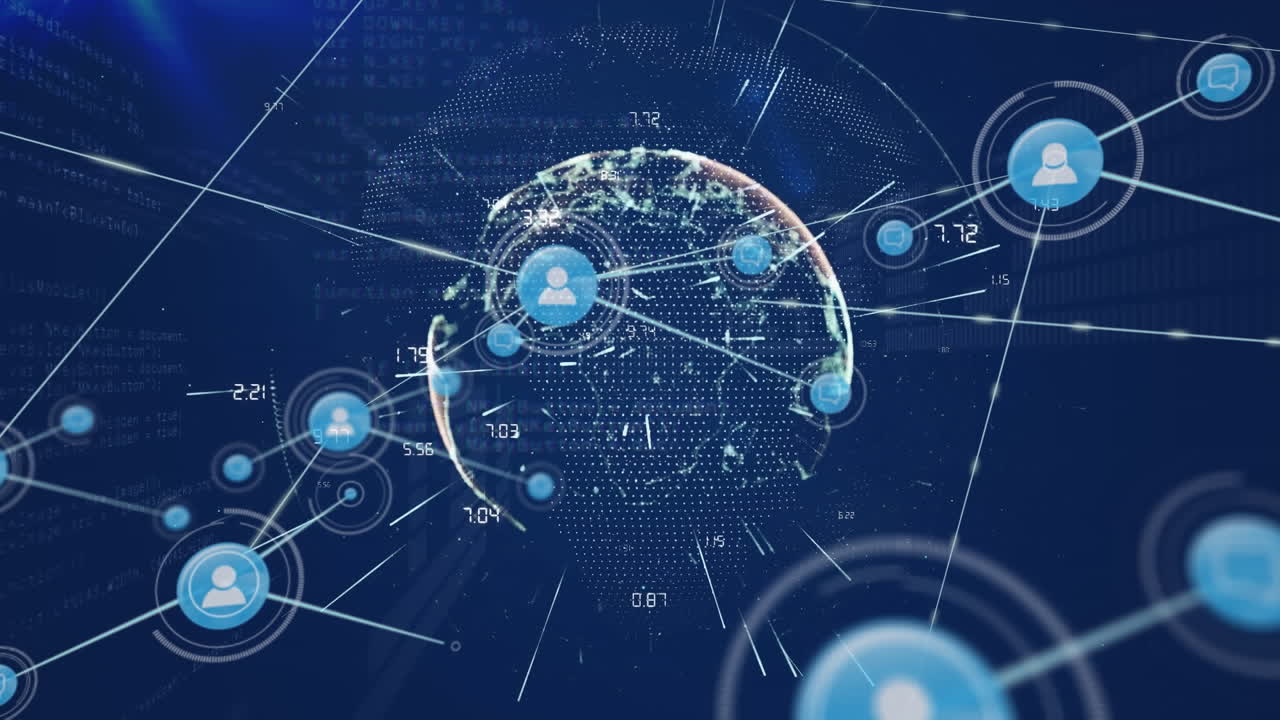 회전하는 지구 위의 빛의 흔적에 대한 디지털 아이콘 네트워크의 애니메이션 및 데이터 처리