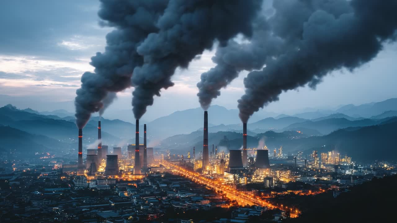 Paesaggio industriale al crepuscolo: imponenti centrali elettriche che emettono fumo scuro, illuminando il territorio circostante con una brillante tonalità arancione, catturando l'impatto ambientale