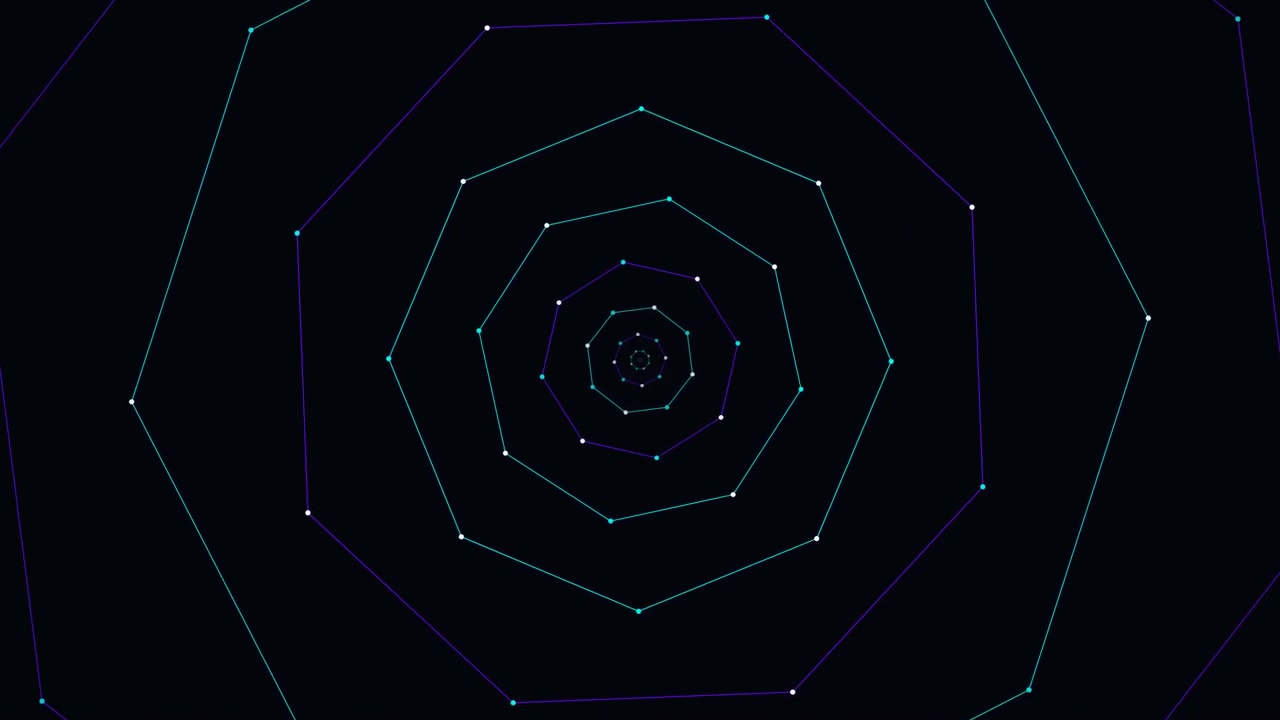 Abstract Geometric Tunnel of Rotating Polygons and Glowing Nodes