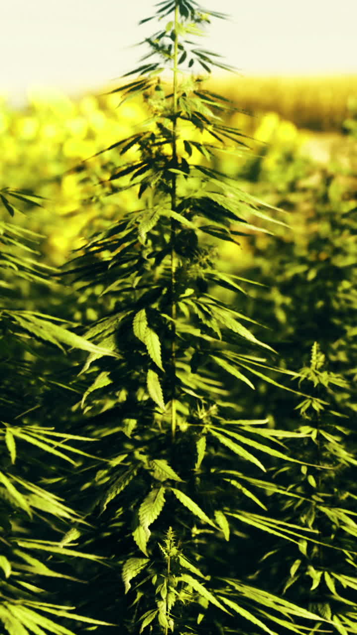 Vibrant green fields of hemp sway under a golden afternoon sun