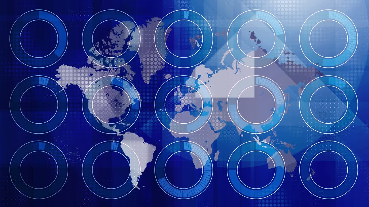 미래적인 파란색 원형 진행률 표시줄이 있는 애니메이션 디지털 세계 지도는 대륙 전체에서 변동하는 글로벌 데이터 네트워크 활동과 동적 정보 흐름을 보여줘요