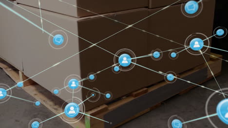 Animation-of-network-of-connections-over-forklift-with-boxes-in-warehouse