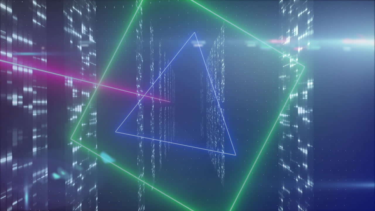 Neon geometric shapes and digital code animation in futuristic virtual space