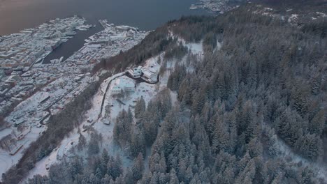 vista aérea de la estación superior de floibanen y la ciudad de bergen junto al fiordo en invierno en noruega