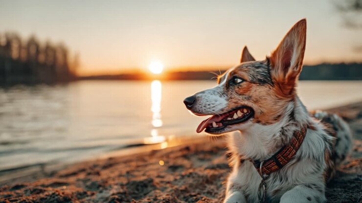 Un corgi joueur profite du coucher de soleil au bord de l'eau, capturant un moment de joie et de sérénité dans un magnifique cadre naturel
