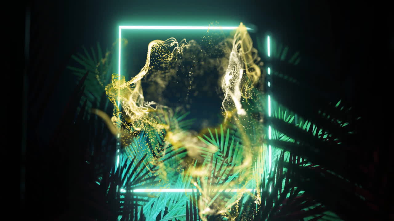 Animation of glowing neon light frame and leaves moving over black background