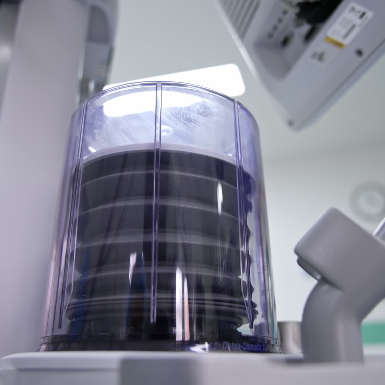 Working pump of a pulmonary ventilator. Lung ventilation system in the modern surgery room. Low angle view