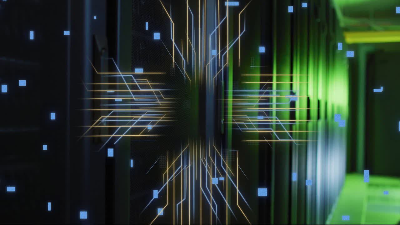 Animation of digital data processing and circuit board over computer servers