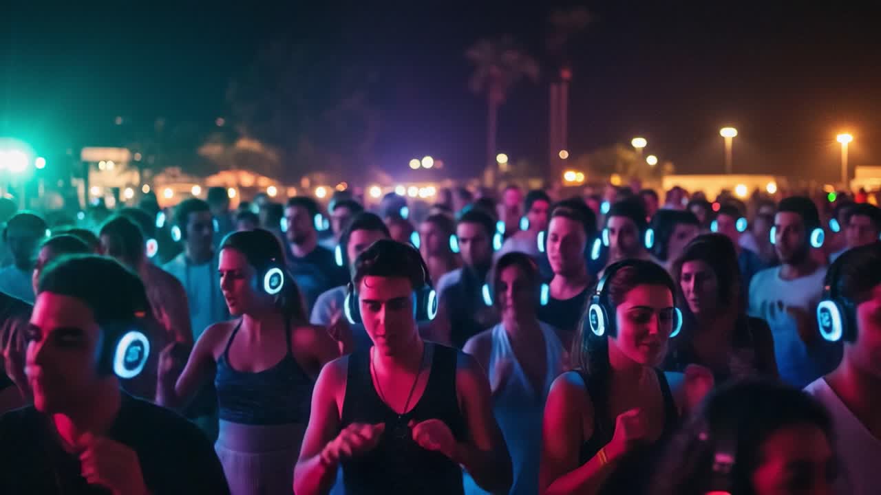 Energetic Gathering of People Dancing at a Silent Disco with Colorful Lights and Headphones, Creating a Unique and Lively Atmosphere Under the Night Sky