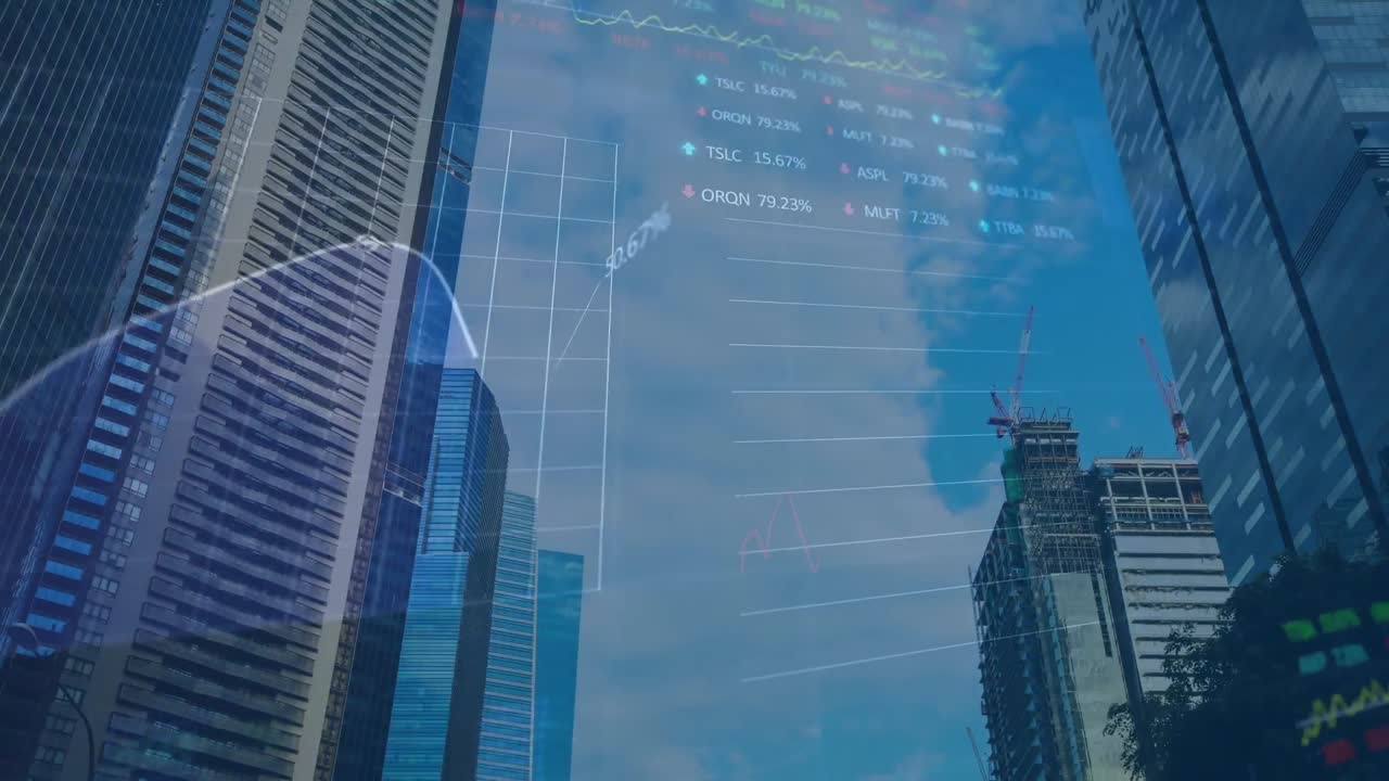 animación del procesamiento de datos estadísticos y bursátiles frente a una vista aérea del paisaje urbano