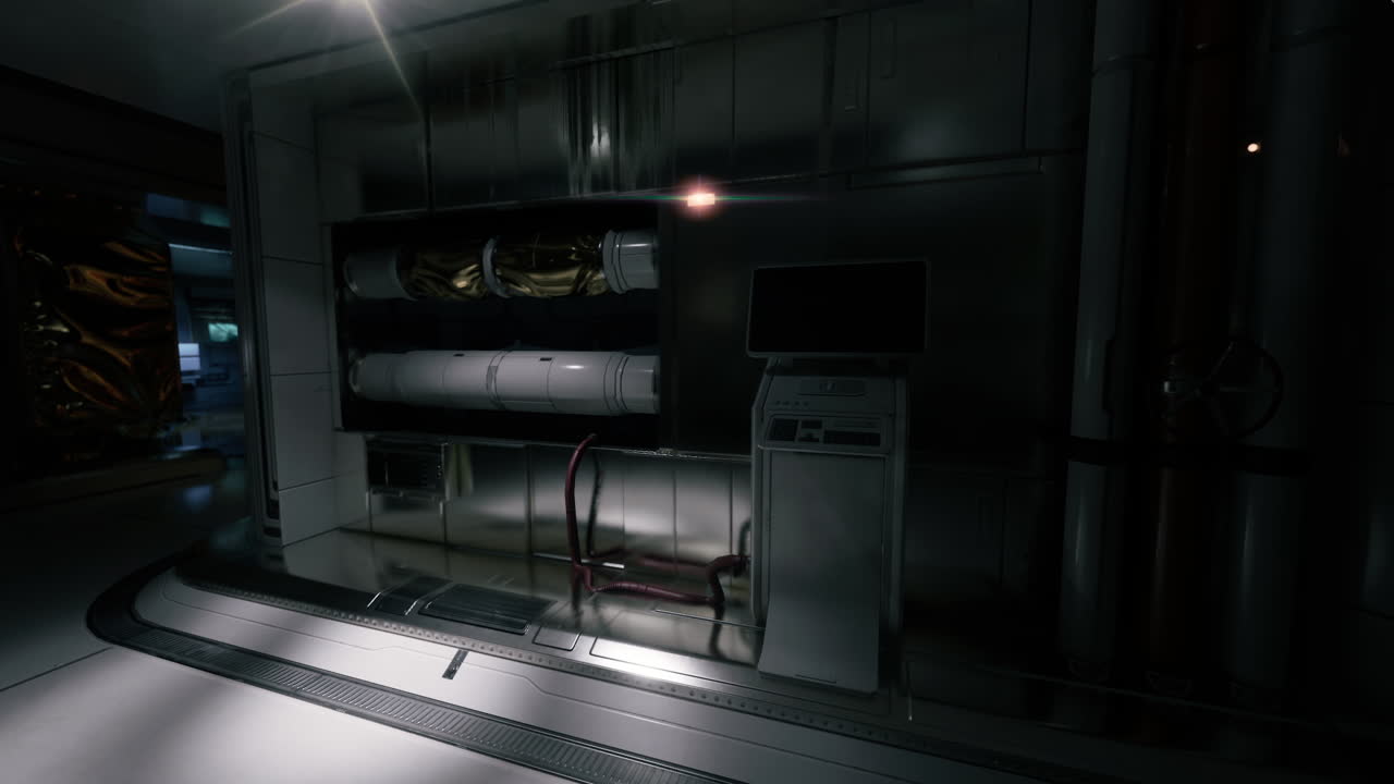 첨단 장비와 낮은 조명을 가진 미래의 실험실 인테리어