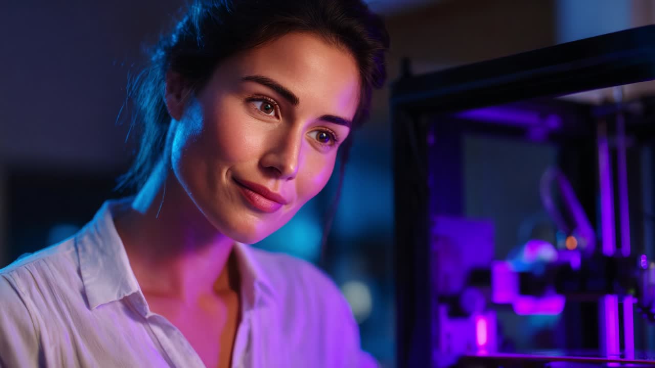 Una giovane donna concentrata osserva il funzionamento complesso di una stampante 3D in un ambiente scarsamente illuminato, dimostrando il suo entusiasmo e la sua dedizione alla tecnologia e all'innovazione nell'ingegneria