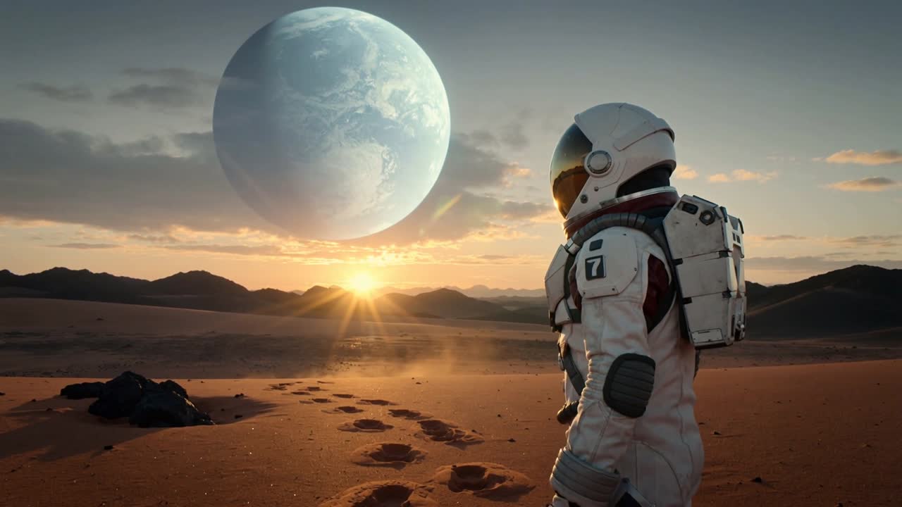 Astronaut der træder frem i hvid dragt med rygsæk, møder solopgangen, holder pause, kigger på sandet, plads til tekst.