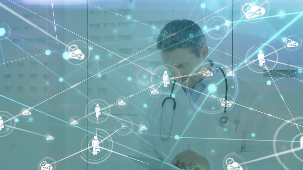 백인 남성 의사에 대한 아이콘과의 연결 네트워크의 애니메이션