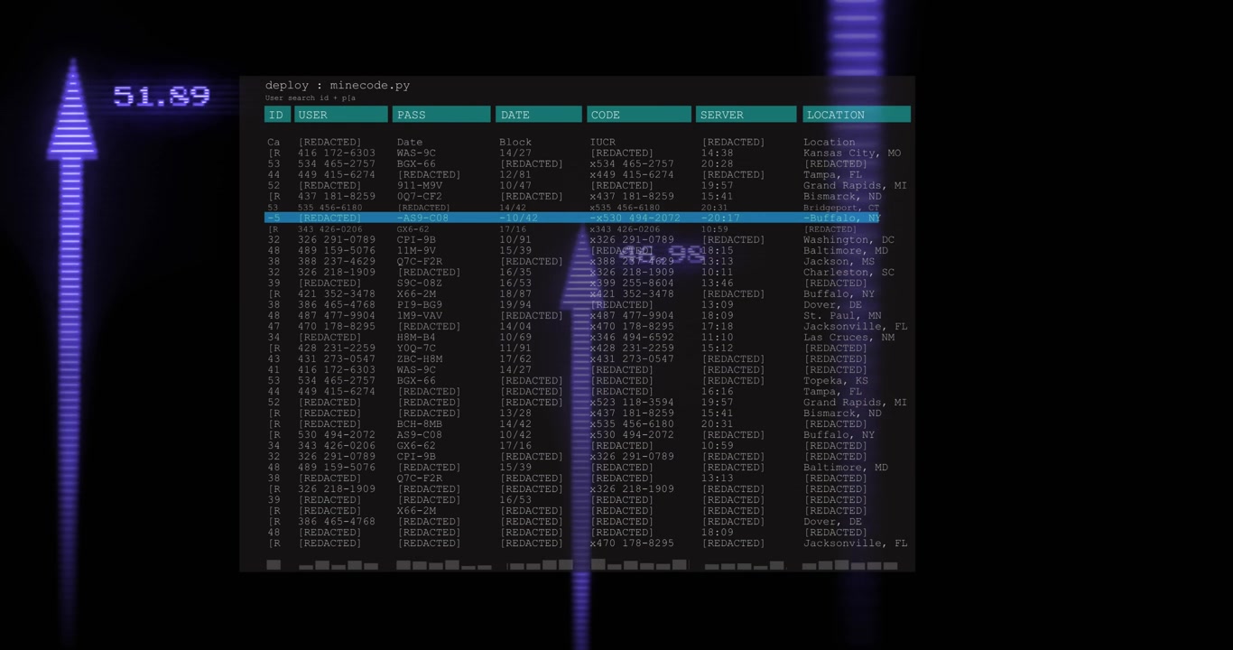 Digital animation of purple light trails over multiple round scanners and data processing