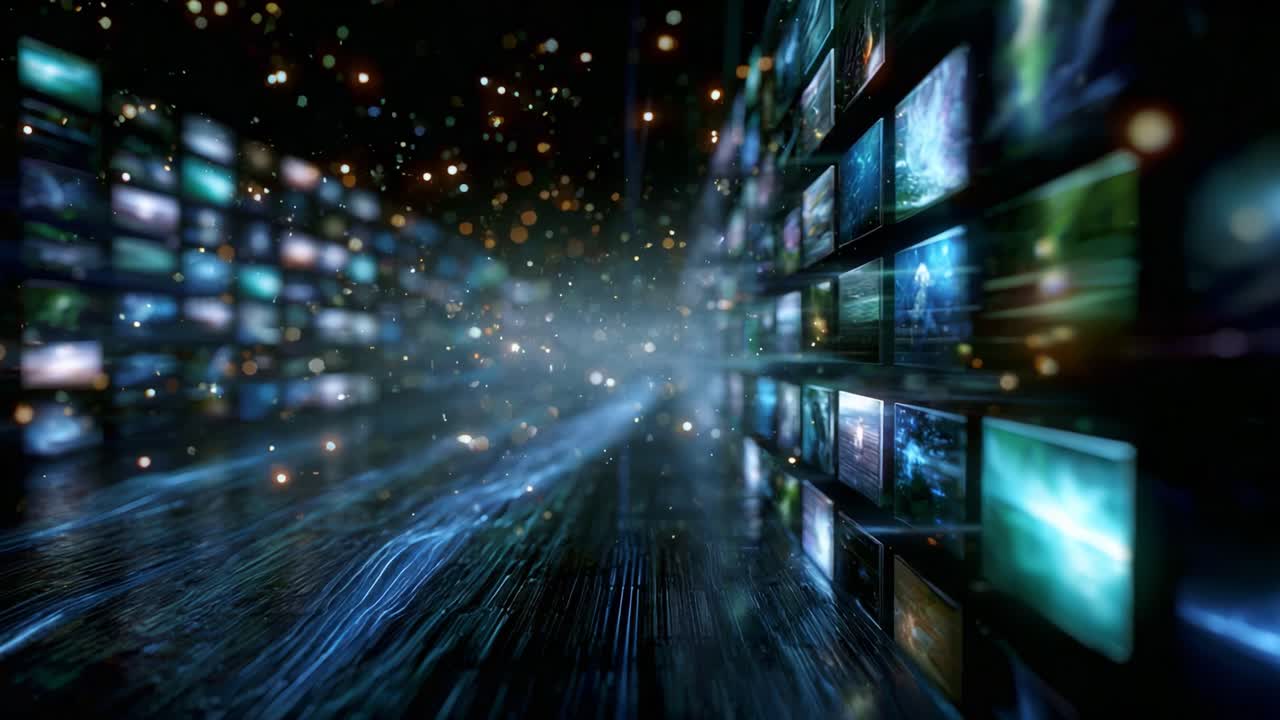 A mesmerizing visual journey through an expansive digital landscape filled with vibrant images, glowing lights, and a sense of infinite depth