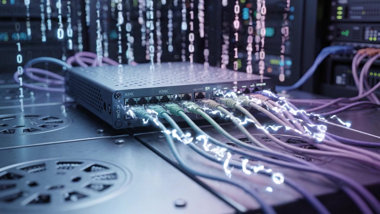 Advanced Data Network Connections: A High-Tech Server Room with Colorful Cables and Digital Displays Showcasing Modern Networking Solutions and Infrastructure