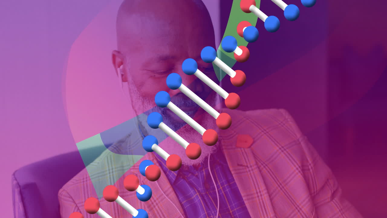 Man listening on wired earphones in tech presentation, showing animated DNA helix overlay