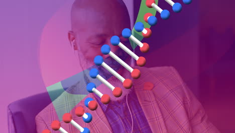 man listening on wired earphones in tech presentation, showing animated dna helix overlay