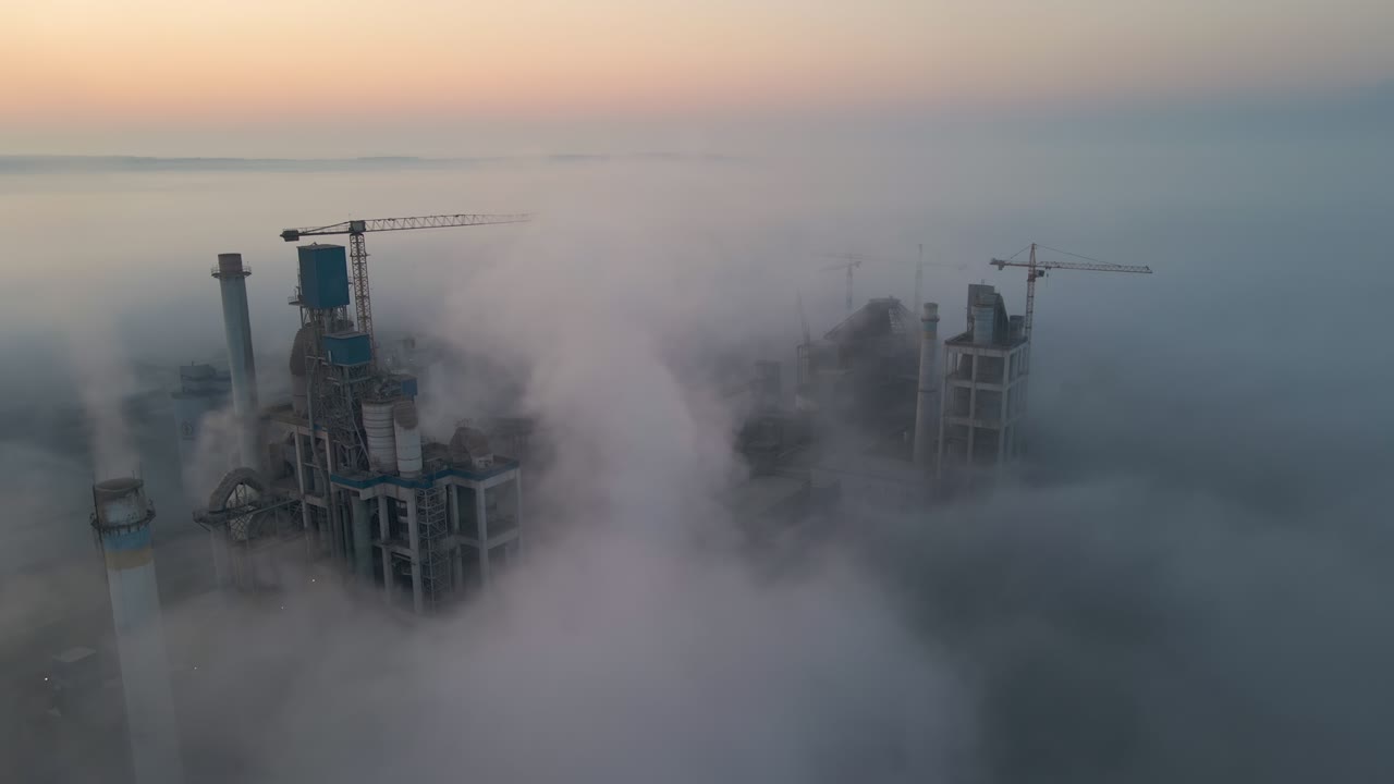 Aerial view of cement factory with high concrete plant structure and tower crane at industrial production site on foggy morning. Manufacture and global industry concept