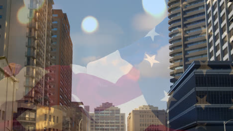 animation of usa flag over office buildings