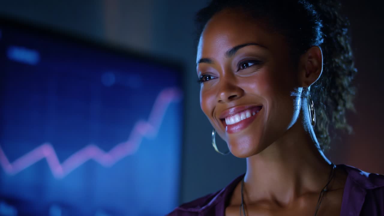 A Confident Professional Woman Smiles Radiantly While Analyzing Data Insights, Exuding Positivity and Determination in a Modern Office Setting Enhanced by Digital Graphs and Charts
