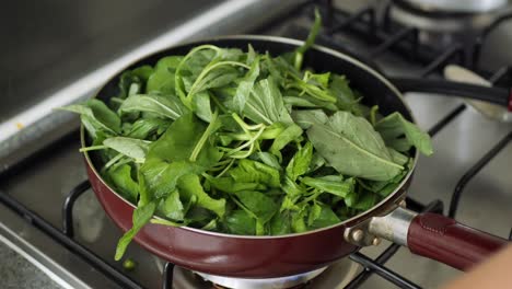 Cooking-fresh-spinach-leaves-on-cooking-pan