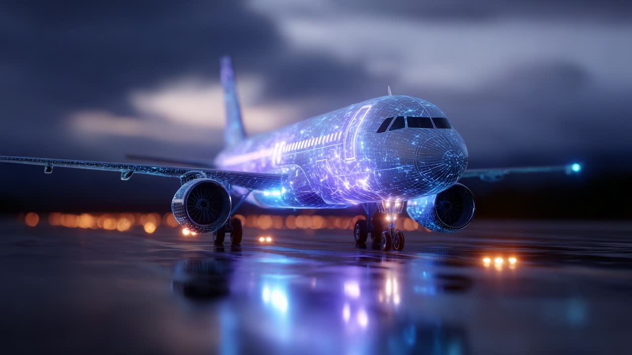 Futuristic Airplane Design with Digital Patterns Showcasing Innovative Technology on Airport Runway During Twilight, Highlighting the Fusion of Modern Aviation and Digital Artistry