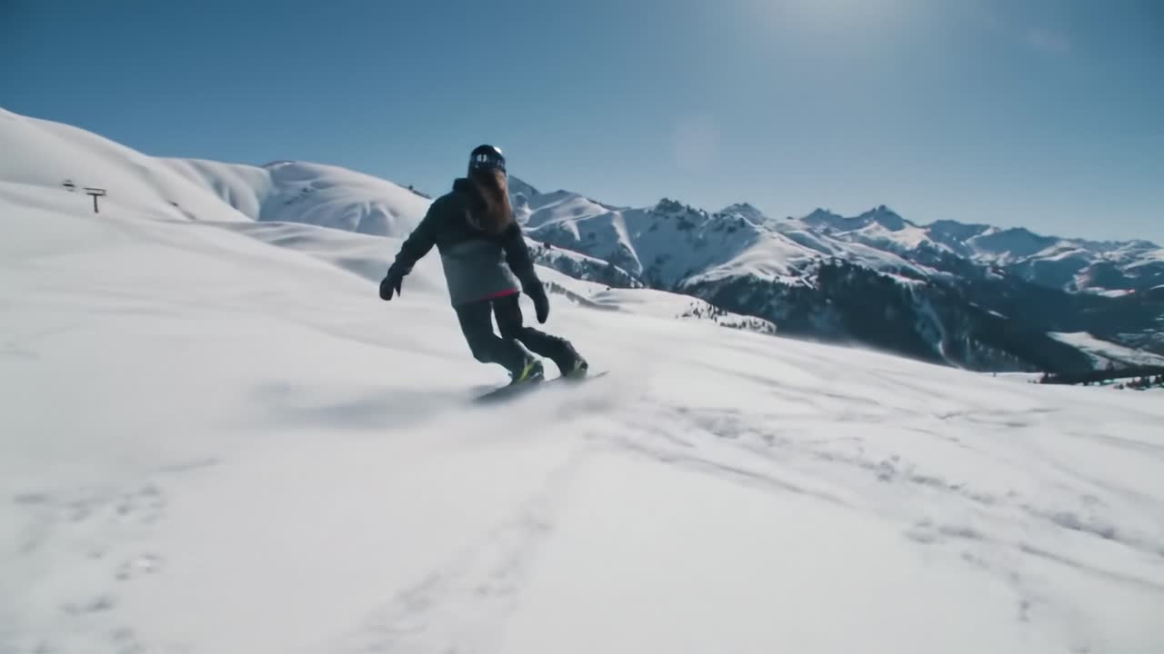 Woman Snowboarding Down a Mountain Slope