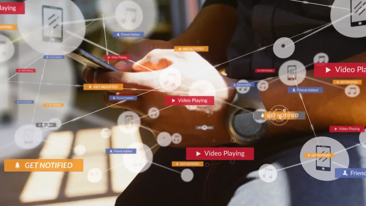 Animation of network of connections with media icons over biracial man using smartphone