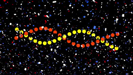 animation of blue and red confetti over dna strand on black background