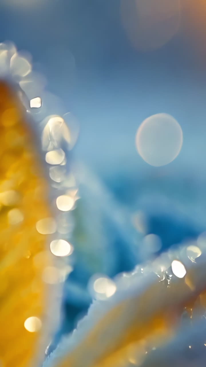 A frozen flower with a leafy stem. The flower is surrounded by ice and snow. The image has a serene and peaceful mood